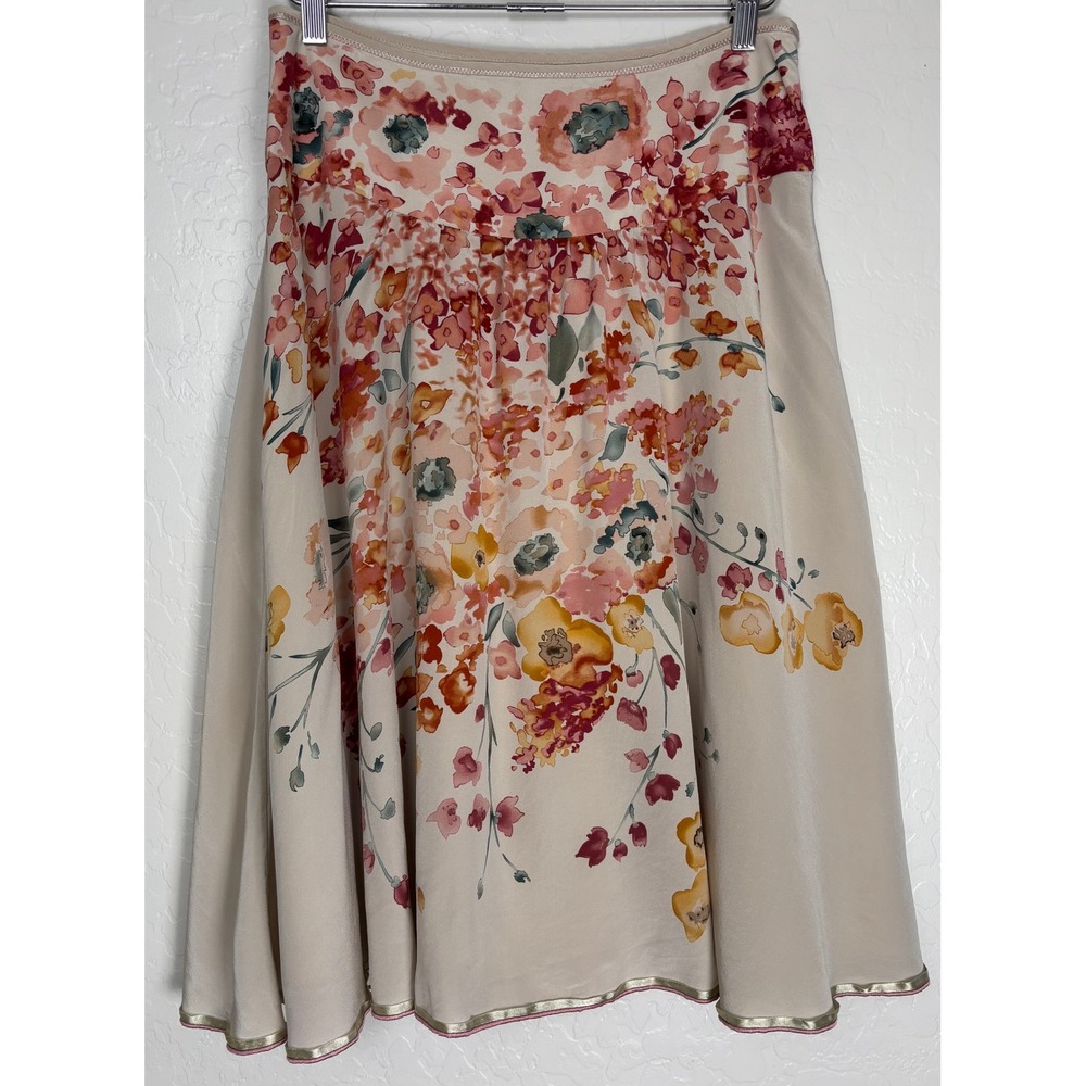 Peruvian Connection Silk Watercolor Floral Midi Skirt Pink Orange Cream 8 2578